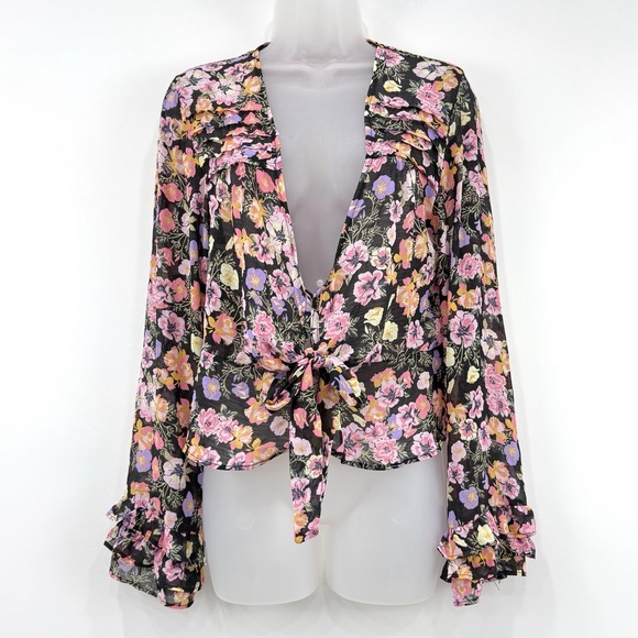 Free‎ People Top Women's M Floral NWT Maybel Fairy Whimsical Ruffles Tie Front - Picture 1 of 14